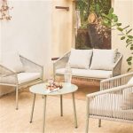 sweeek Salon de jardin beige MANTOVA en acier et cordes en résine 4 places un canapé deux fauteuils une table ronde – Image 3