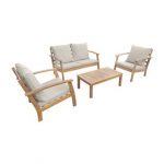sweeek Salon de jardin en bois 4 places - Ushuaïa - Coussins écrus canapé fauteuils et table basse en acacia design